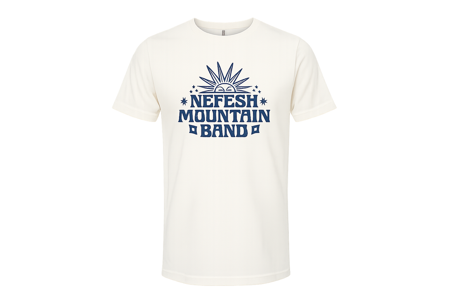 An off-white short-sleeve crewneck t-shirt featuring a blue graphic print on the chest that reads 'NEFESH MOUNTAIN BAND' with a stylized sunburst.