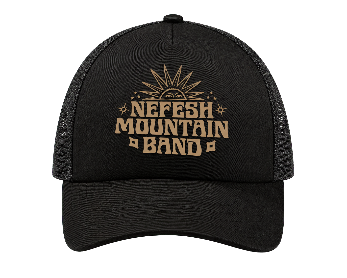 A black trucker hat with a tan graphic on the front that reads 'NEFESH MOUNTAIN BAND' with a sun and stars, shown against a plain white background.