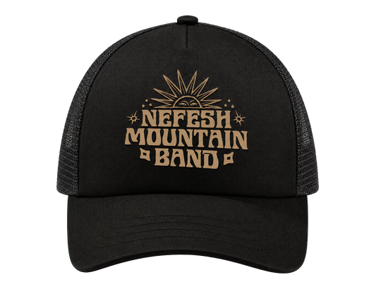 A black trucker hat with a tan graphic on the front that reads 'NEFESH MOUNTAIN BAND' with a sun and stars, shown against a plain white background.