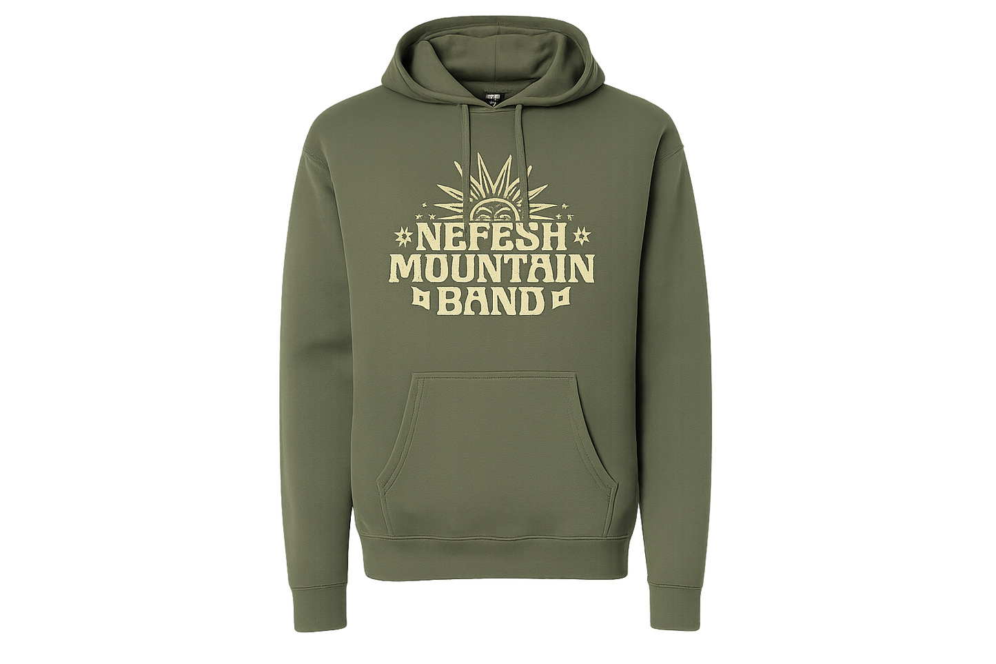 An olive green pullover hoodie with a beige graphic print on the chest that reads 'NEFESH MOUNTAIN BAND' with a stylized sun and flag design, shown on a plain white background.