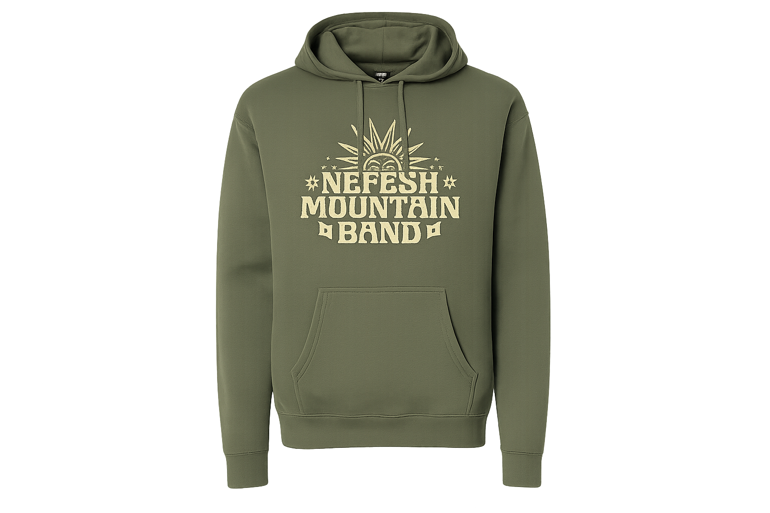 An olive green pullover hoodie with a beige graphic print on the chest that reads 'NEFESH MOUNTAIN BAND' with a stylized sun and flag design, shown on a plain white background.