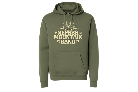 An olive green pullover hoodie with a beige graphic print on the chest that reads 'NEFESH MOUNTAIN BAND' with a stylized sun and flag design, shown on a plain white background.