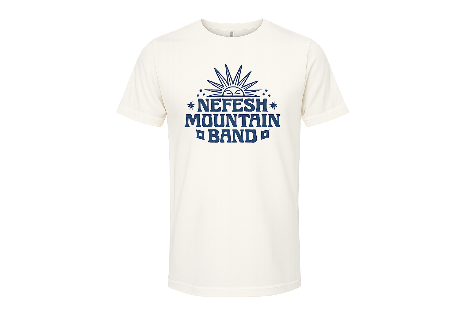 An off-white short-sleeve crewneck t-shirt featuring a blue graphic print on the chest that reads 'NEFESH MOUNTAIN BAND' with a stylized sunburst.