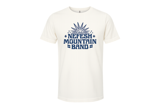 An off-white short-sleeve crewneck t-shirt featuring a blue graphic print on the chest that reads 'NEFESH MOUNTAIN BAND' with a stylized sunburst.