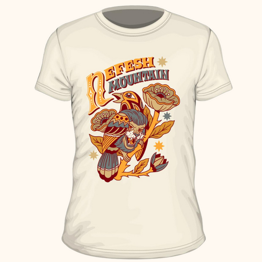 A white t-shirt with a cream-colored sleeve featuring a 4-color screen print design of a bird and leaves, titled 'NEFESH MOUNTAIN'.