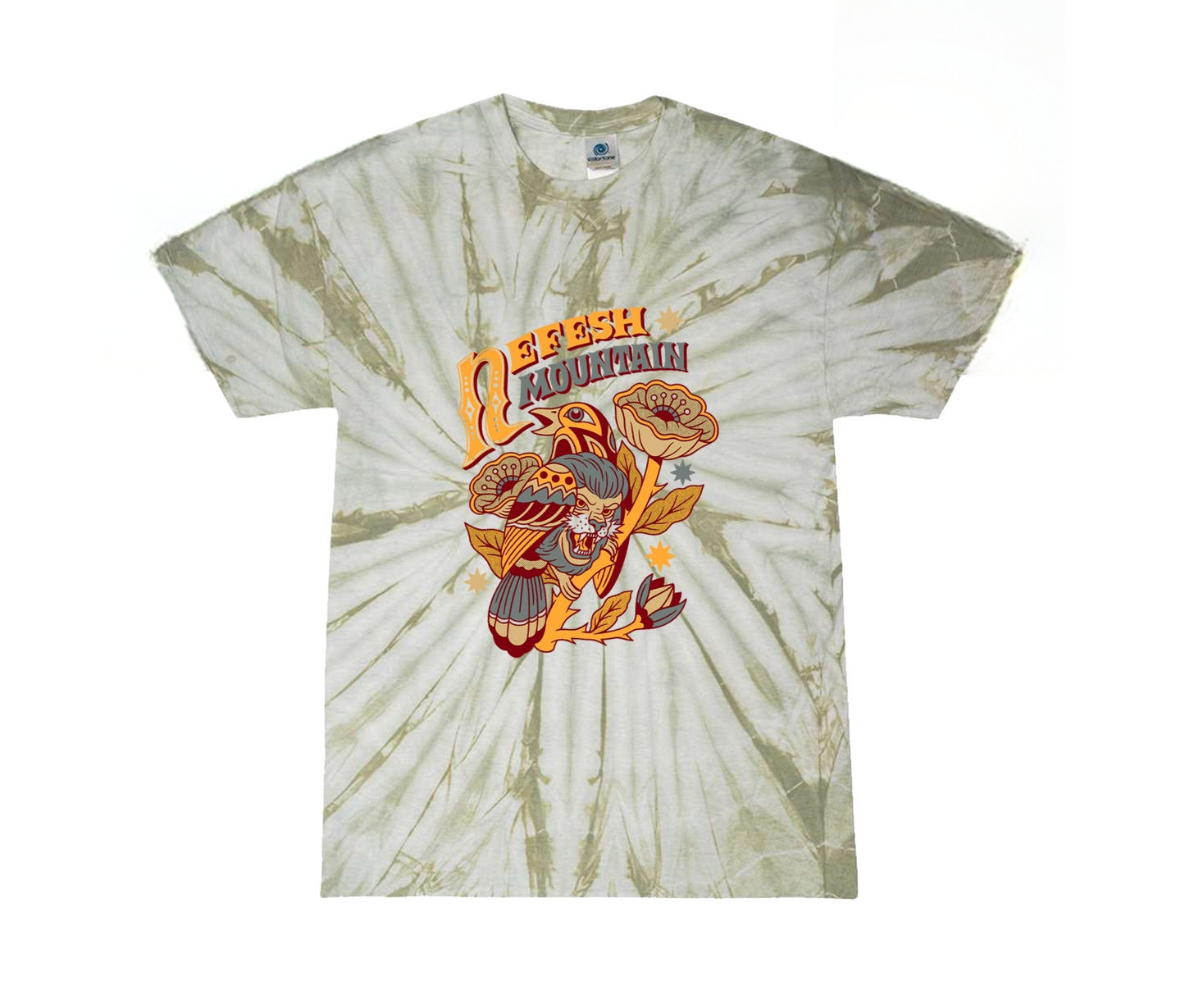 A short-sleeve tie-dye t-shirt with a central graphic of a fish, mushrooms, and the text 'DEADLY DANGEROUS'. The shirt features a light gray and olive-green sunburst tie-dye pattern, with a prominent orange, yellow, and brown graphic on the chest.