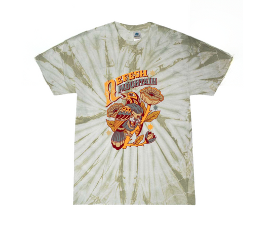 A short-sleeve tie-dye t-shirt with a central graphic of a fish, mushrooms, and the text 'DEADLY DANGEROUS'. The shirt features a light gray and olive-green sunburst tie-dye pattern, with a prominent orange, yellow, and brown graphic on the chest.